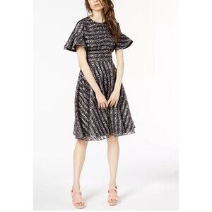 Jill Jill Stuart Special Occasion Dress SZ 16 Black Organza Stripe Flare Floral